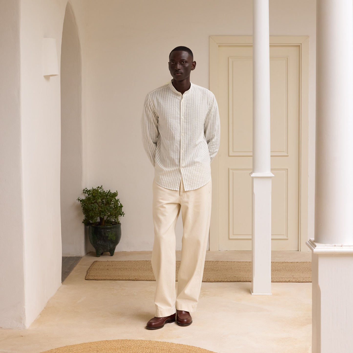 Ecru seersucker shirt with green stripes