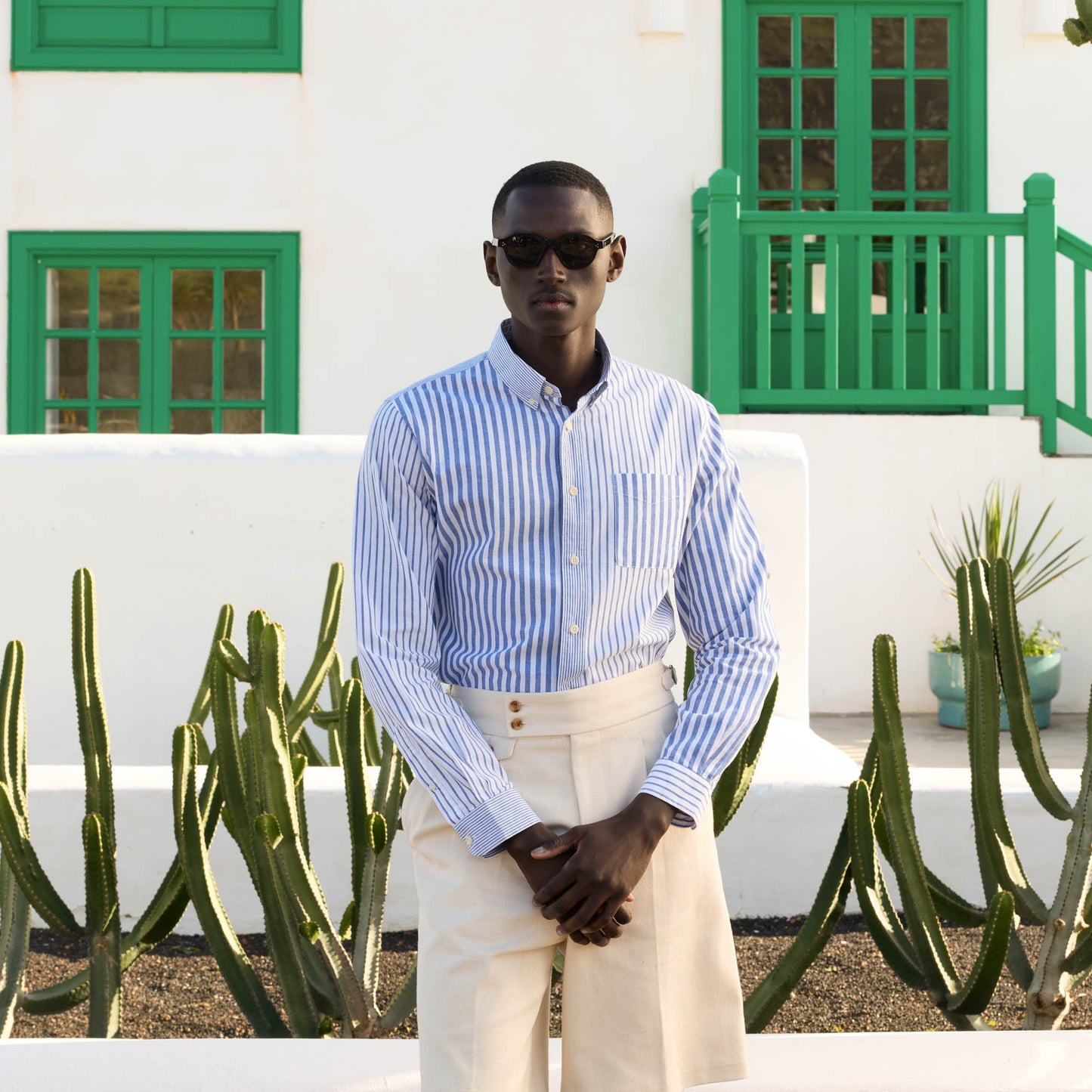 Blue striped cotton and linen shirt