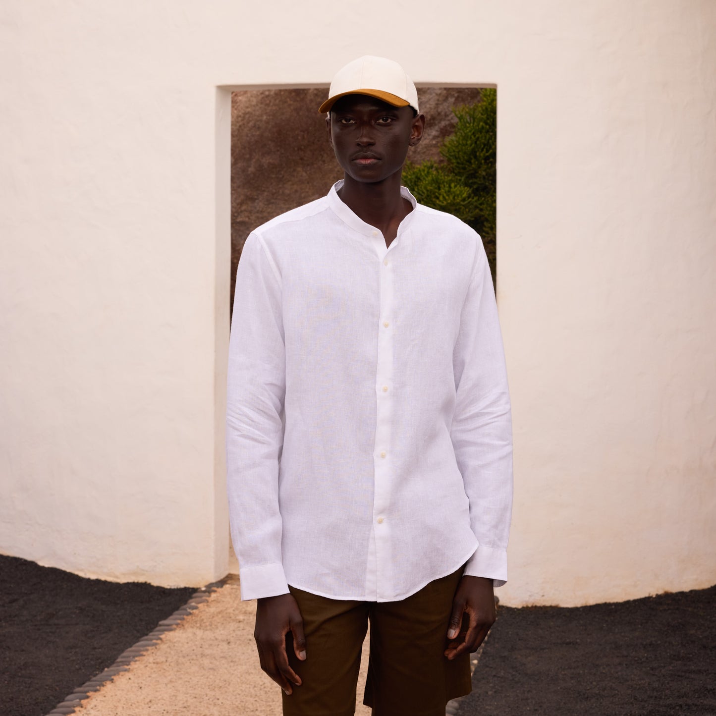 White linen mandarin collar shirt