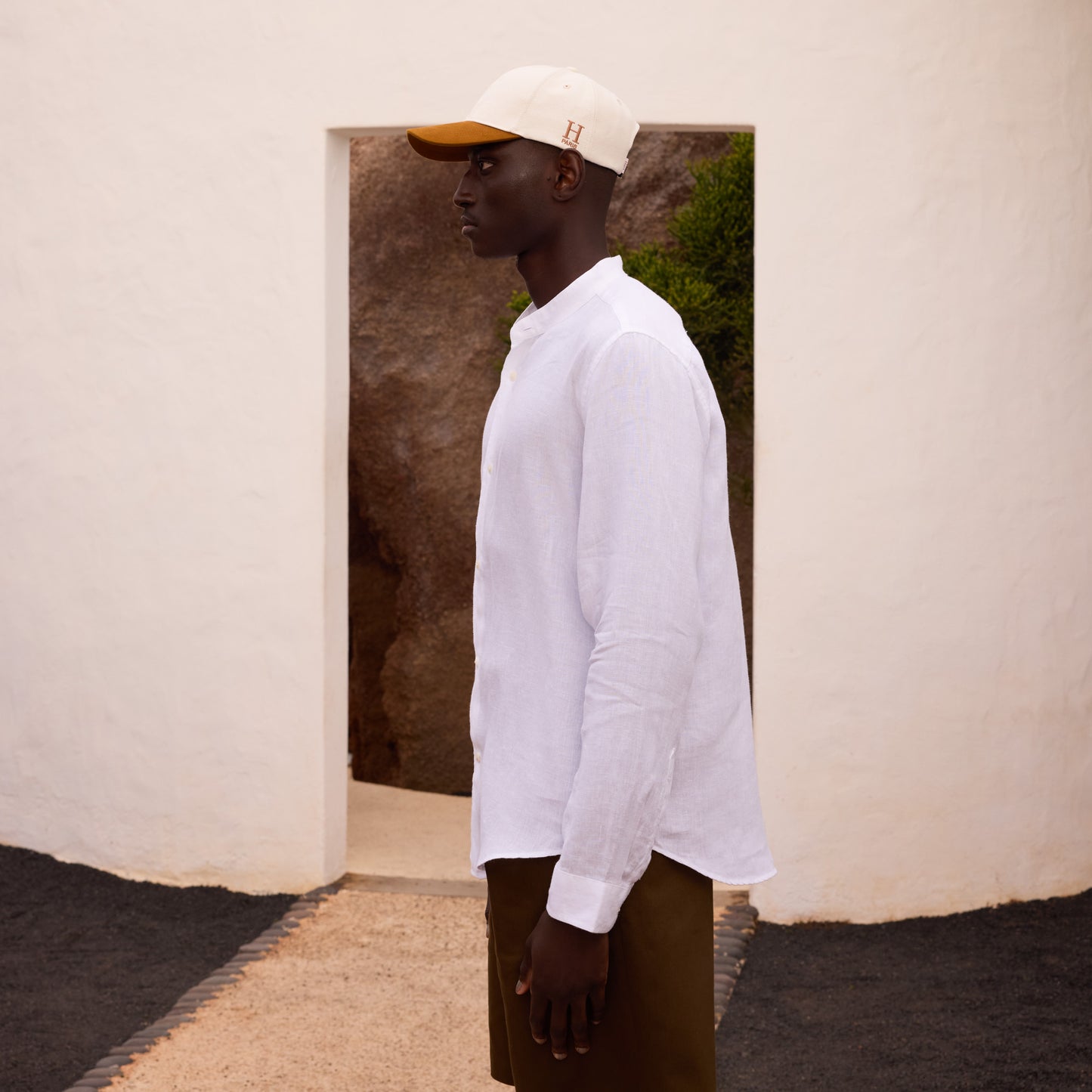 White linen mandarin collar shirt