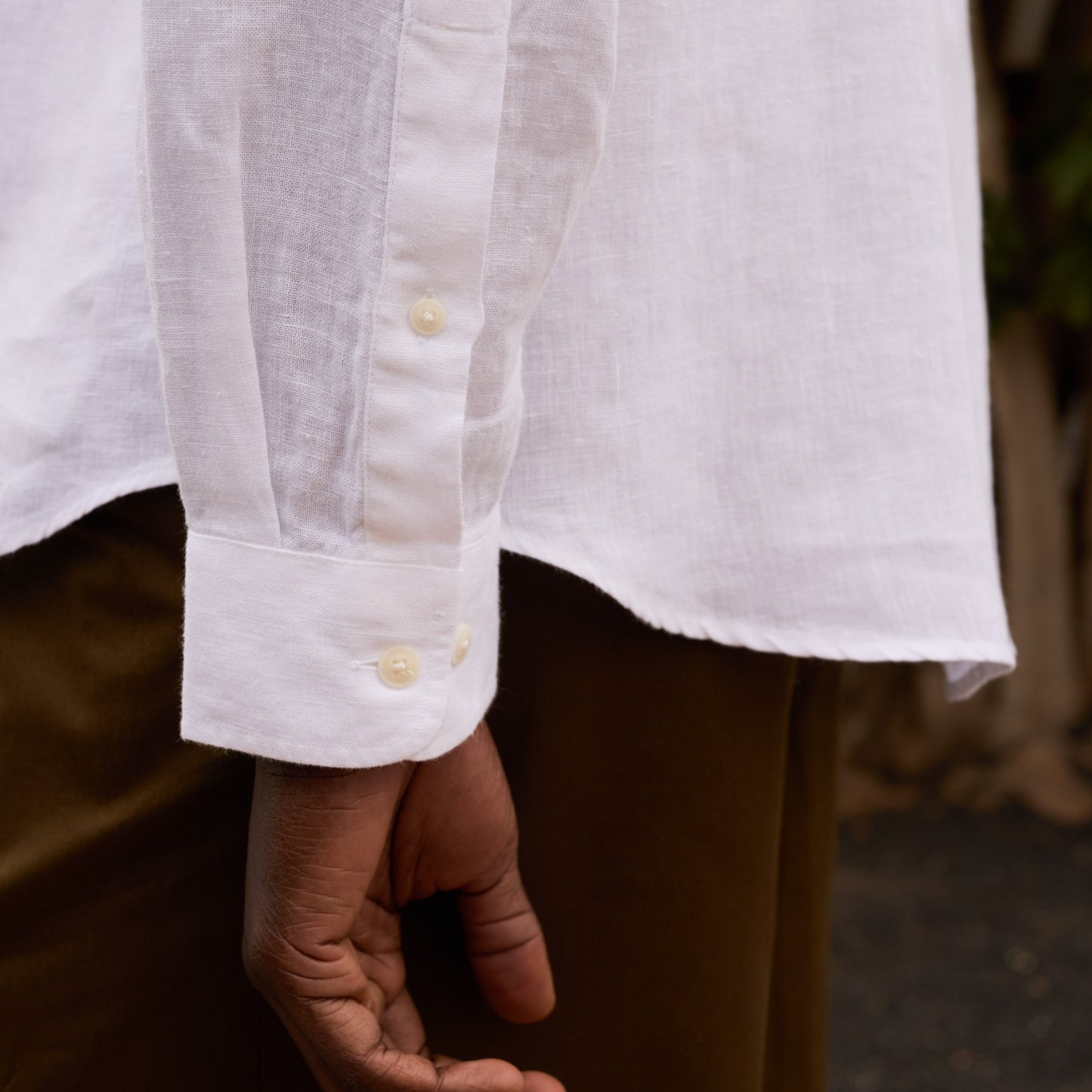 White linen mandarin collar shirt