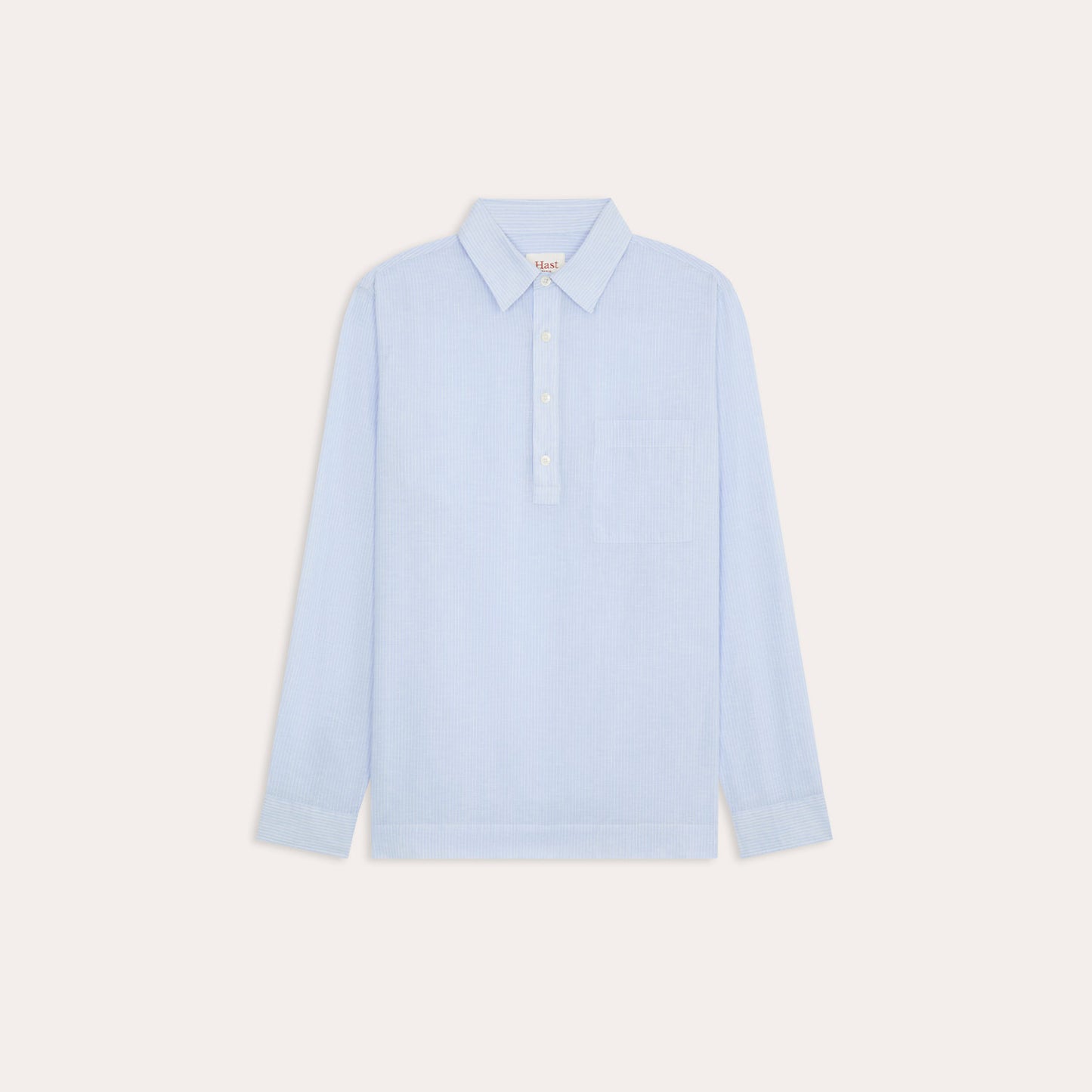 Light blue cotton linen popover shirt with white stripes