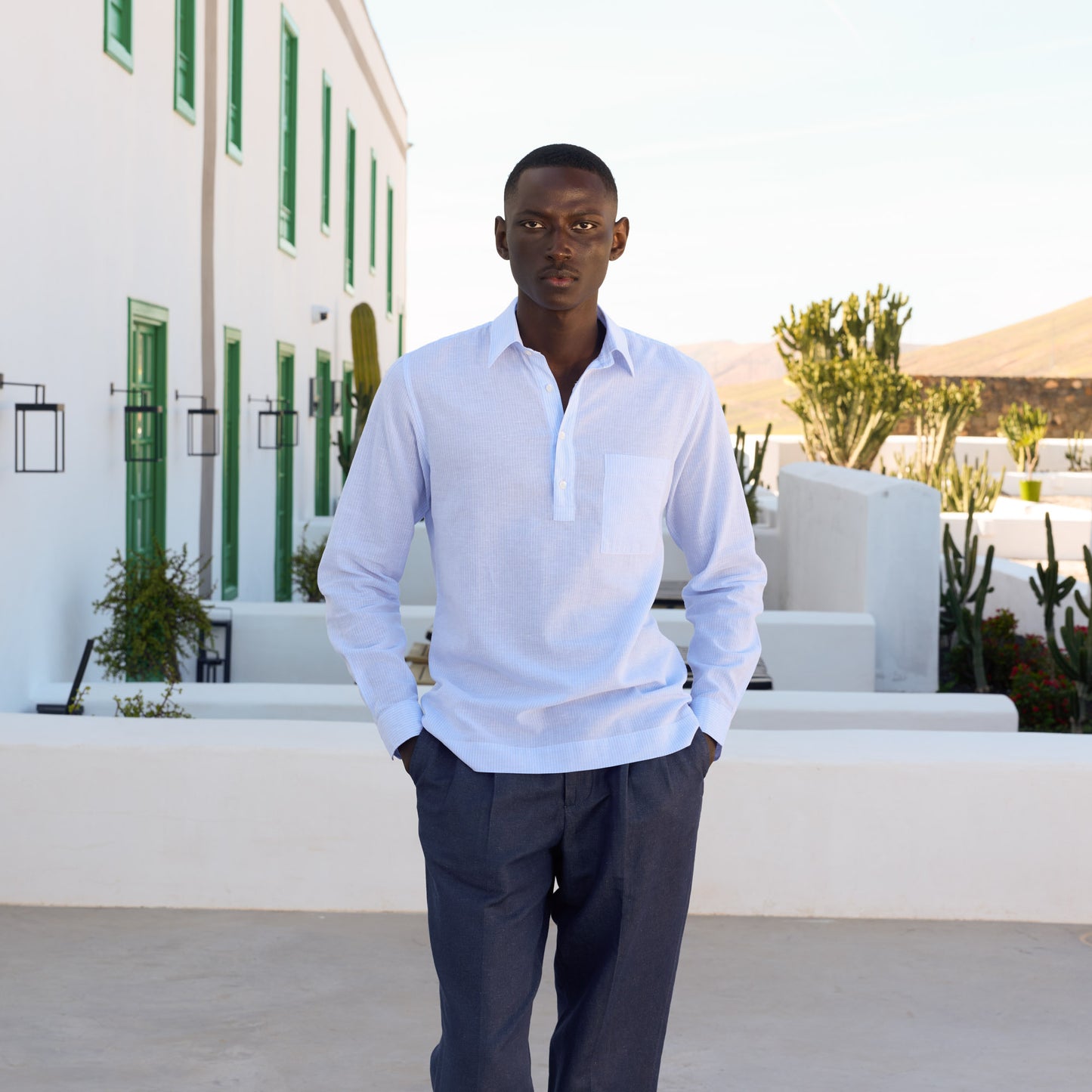 Chemise popover en coton lin bleu clair rayure blanche