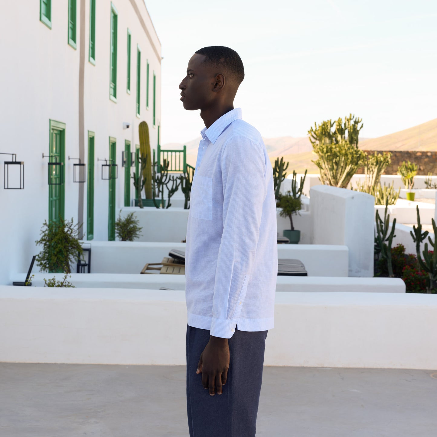 Chemise popover en coton lin bleu clair rayure blanche