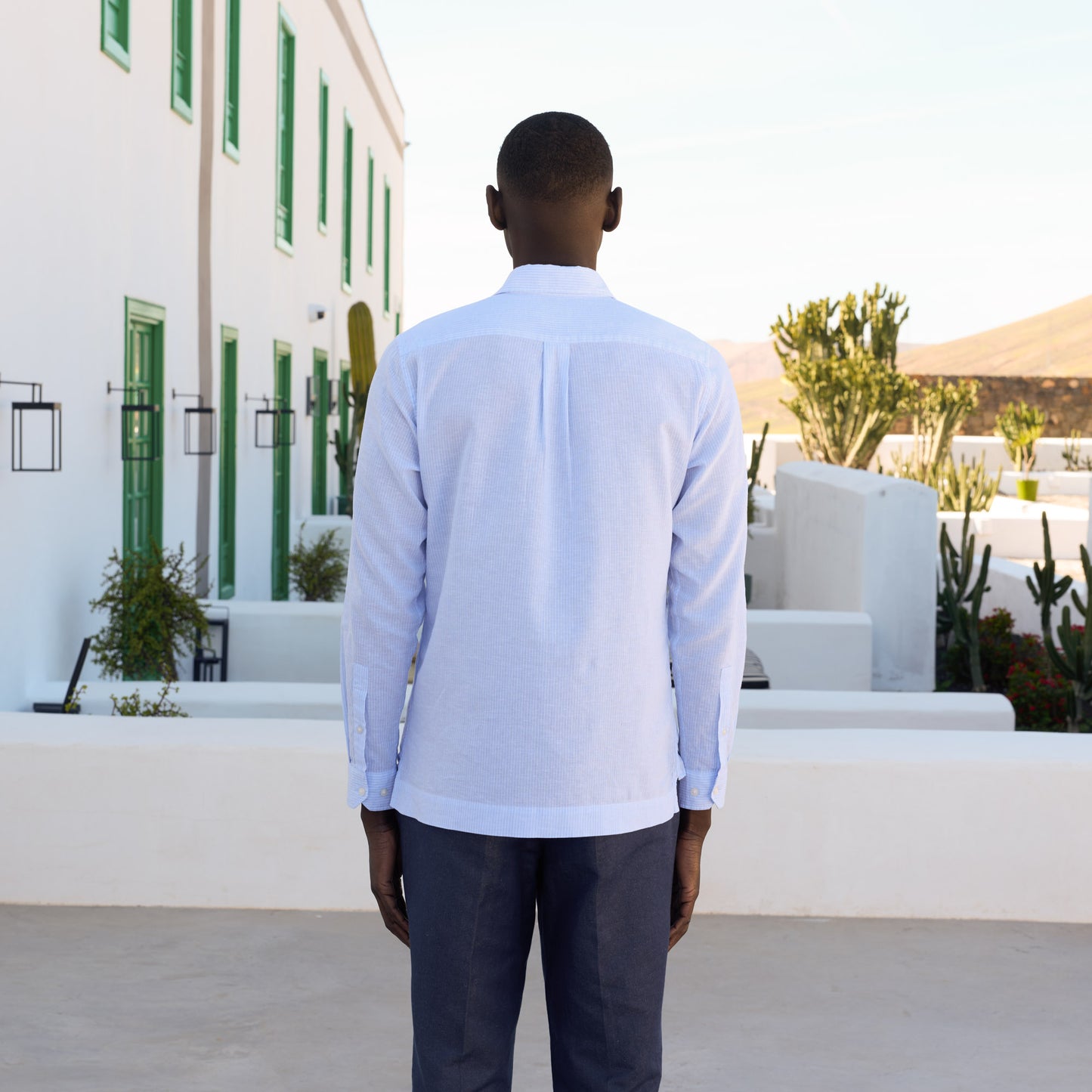 Chemise popover en coton lin bleu clair rayure blanche