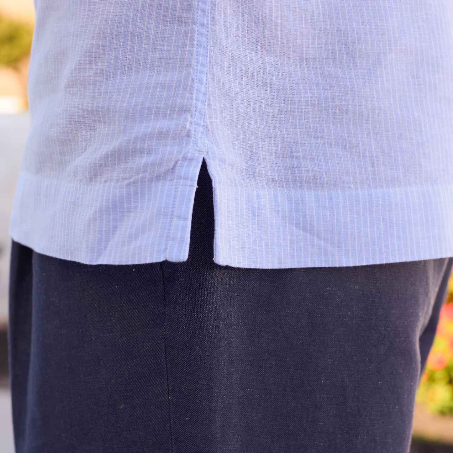 Chemise popover en coton lin bleu clair rayure blanche