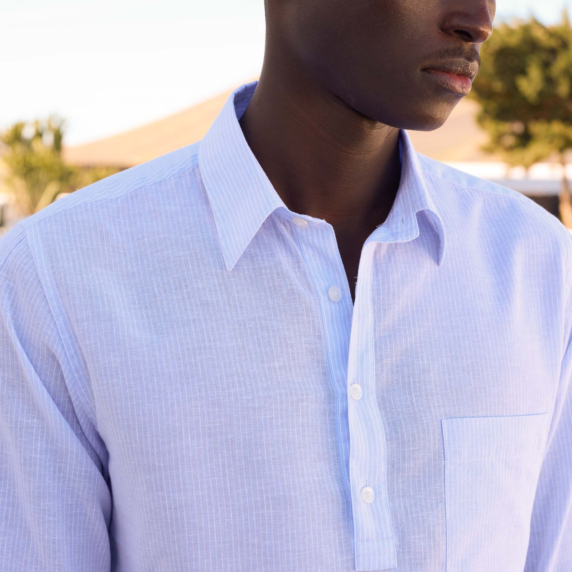 Chemise popover en coton lin bleu clair rayure blanche