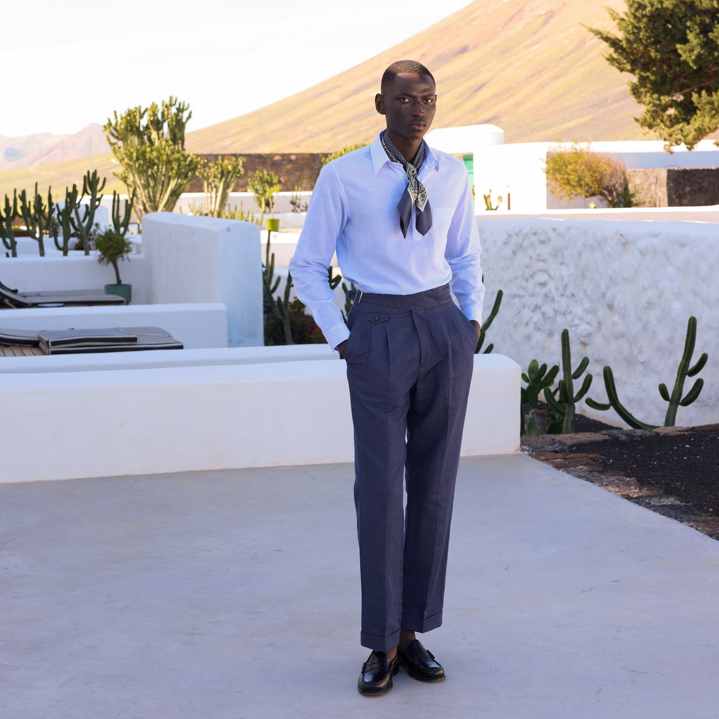 Chemise popover en coton lin bleu clair rayure blanche