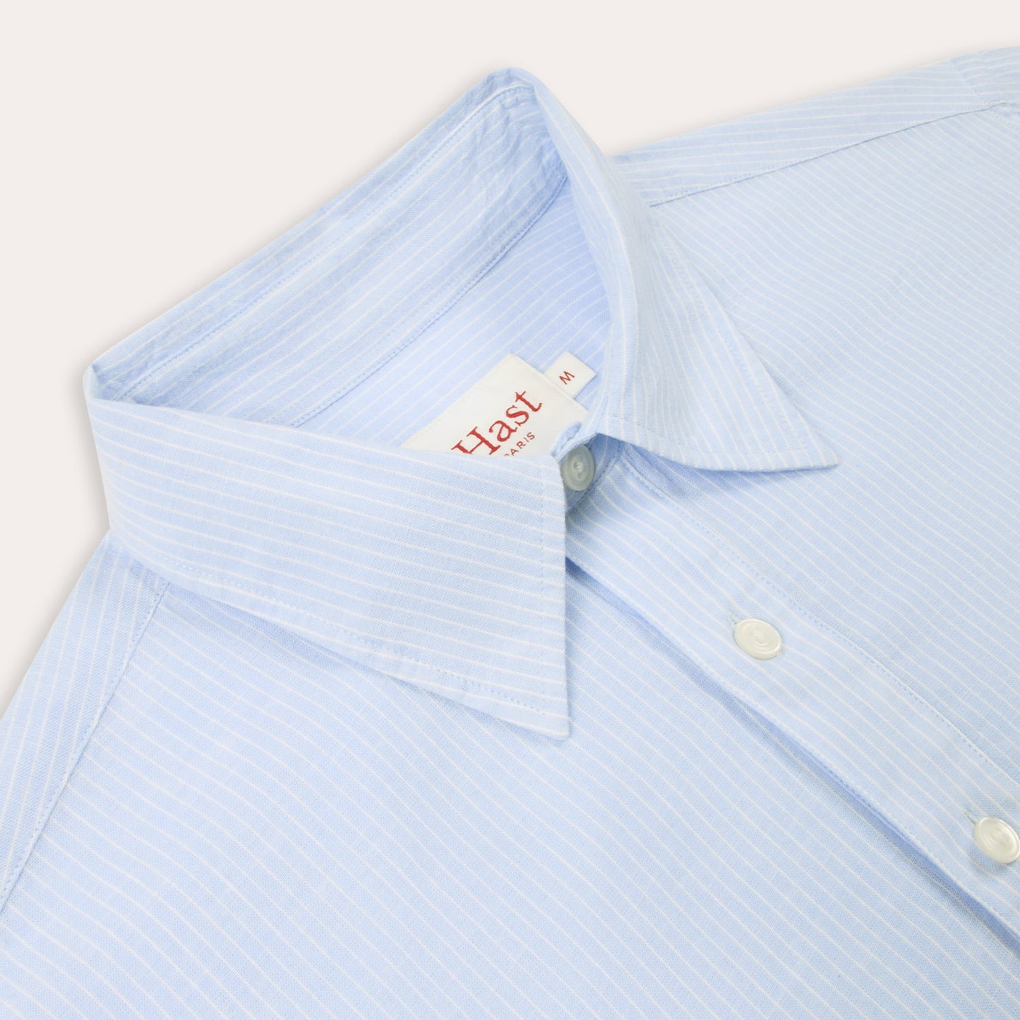 Light blue cotton linen popover shirt with white stripes