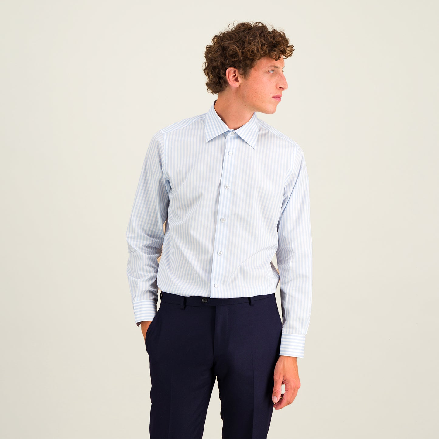 Double-twisted poplin shirt with sky blue and white stripes