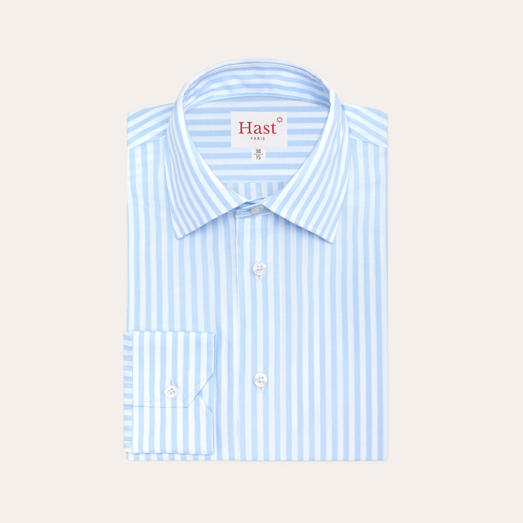 Double-twisted poplin shirt with sky blue and white stripes