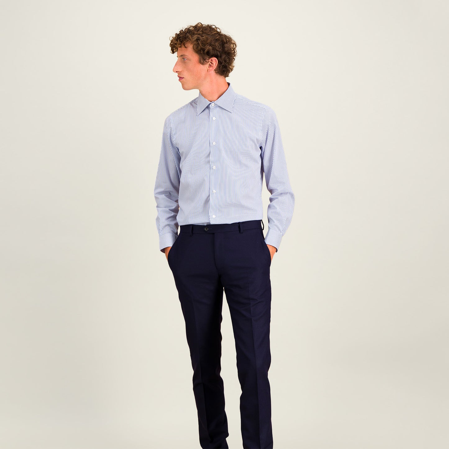 Fitted twill shirt with fine blue and white stripes
