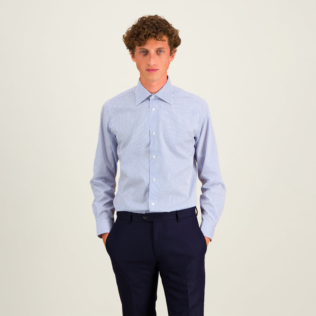 Twill shirt with fine blue and white stripes