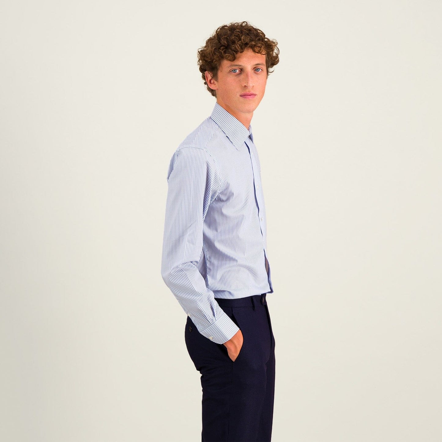 Twill shirt with fine blue and white stripes