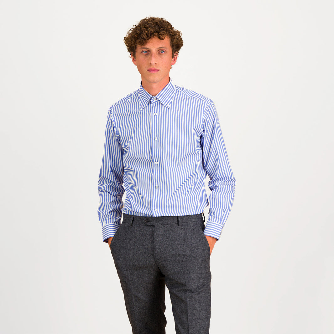 Double-twisted poplin shirt with blue and white stripes