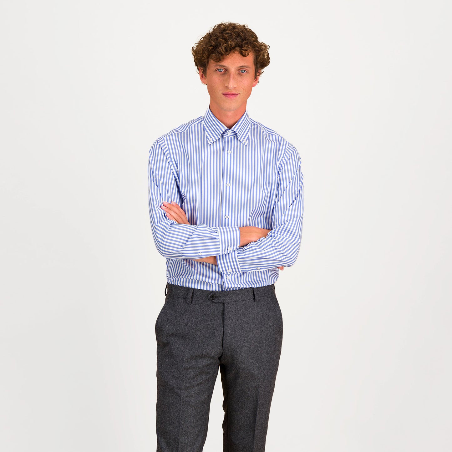 Fitted shirt in double-twisted poplin with blue and white stripes