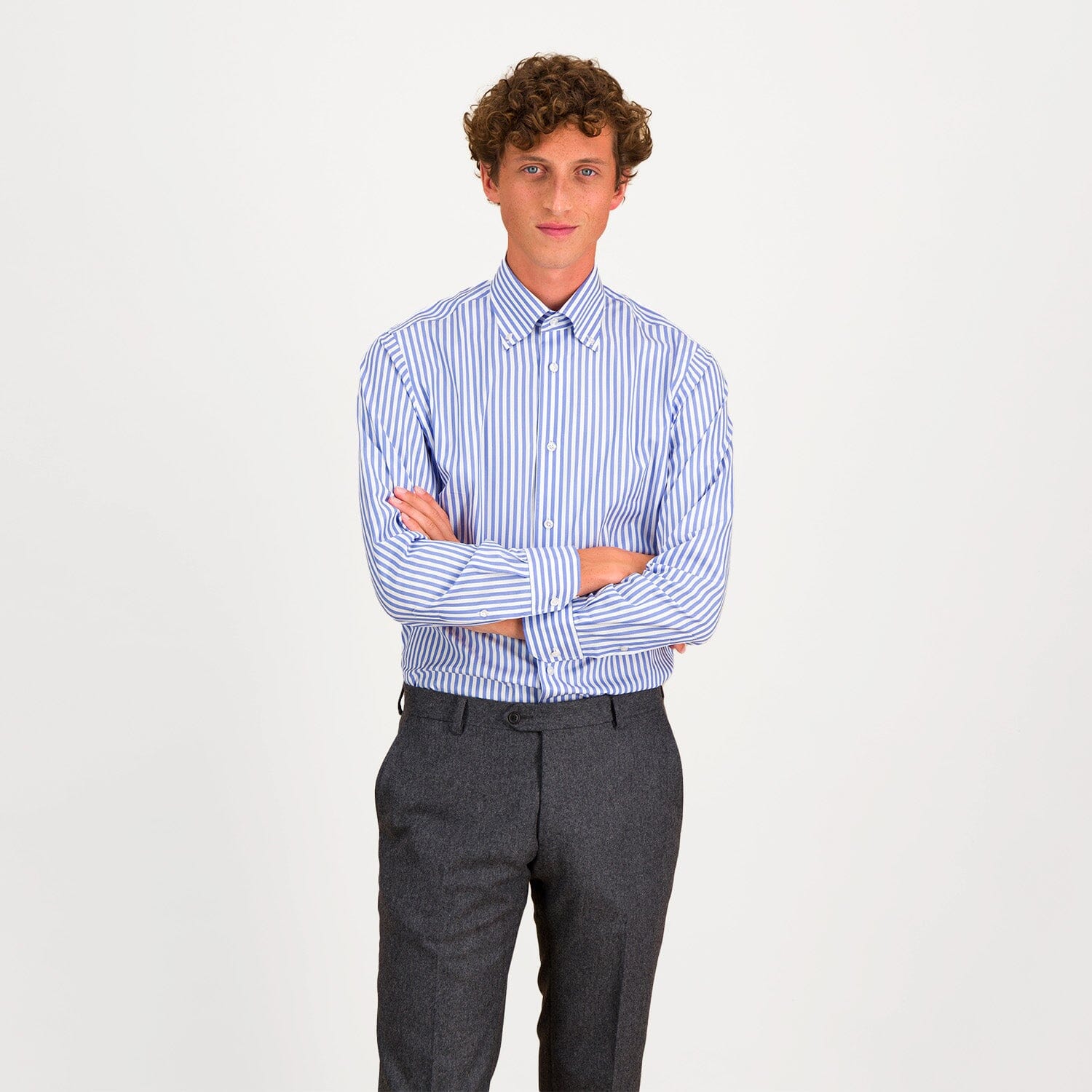 Chemise cintrée en popeline double retors à rayures bleues et blanches