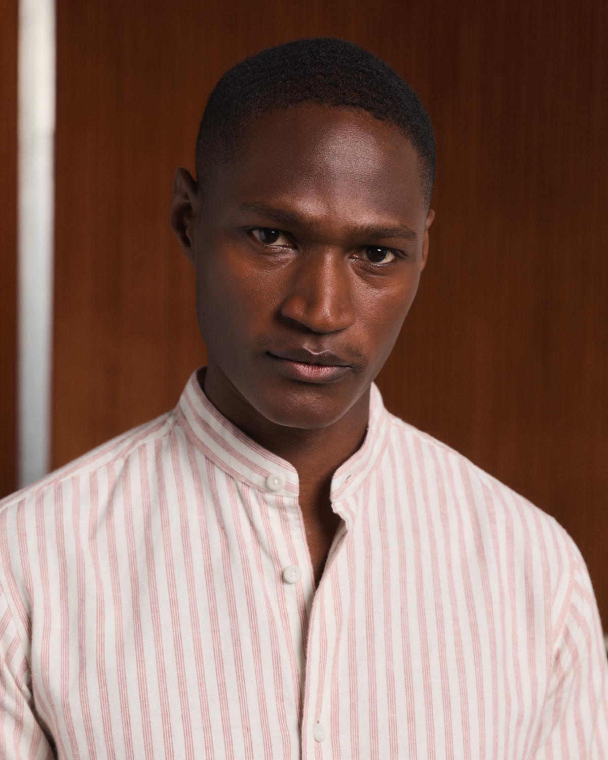 Ecru cotton and linen flannel shirt with burgundy stripes