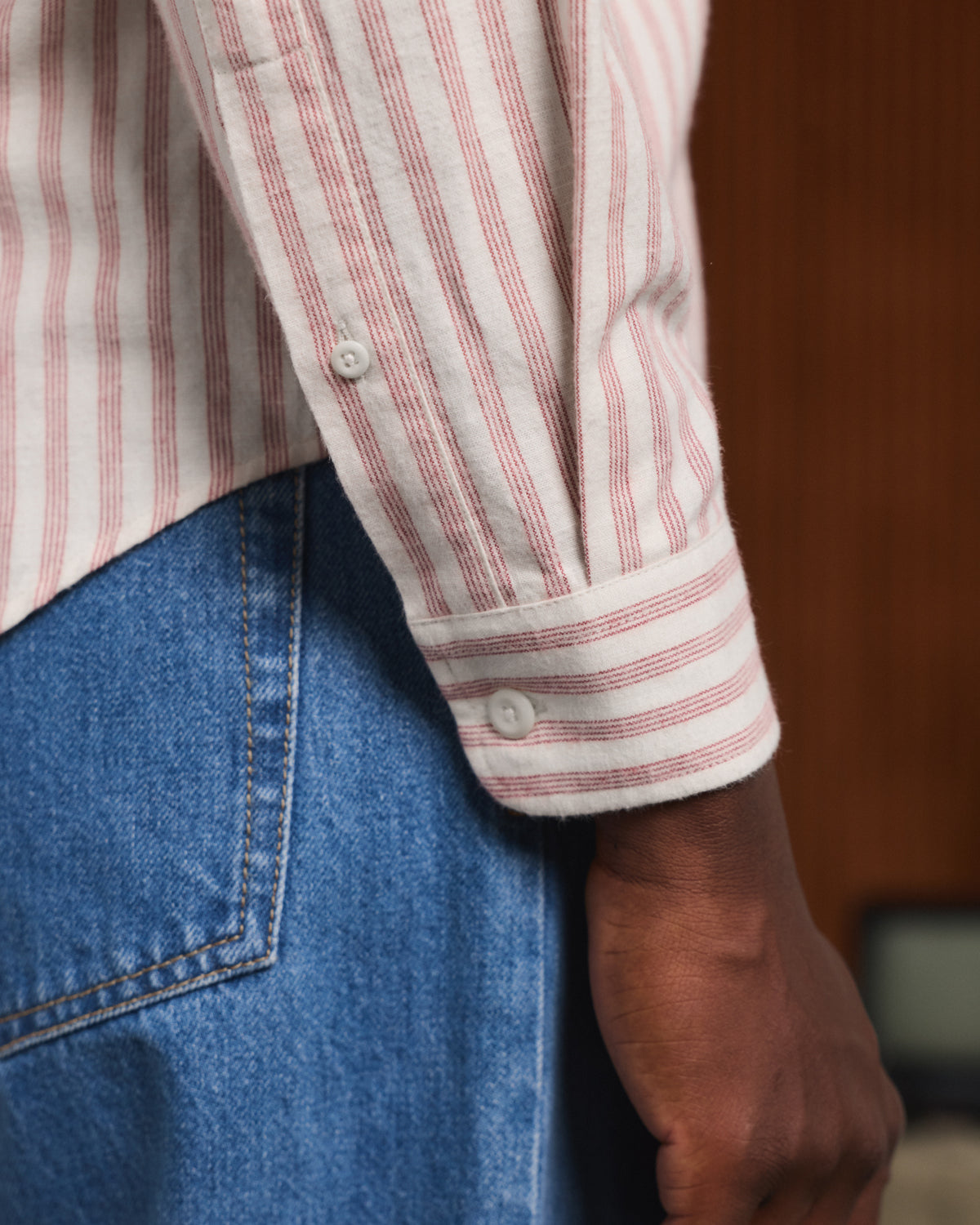 Ecru cotton and linen flannel shirt with burgundy stripes