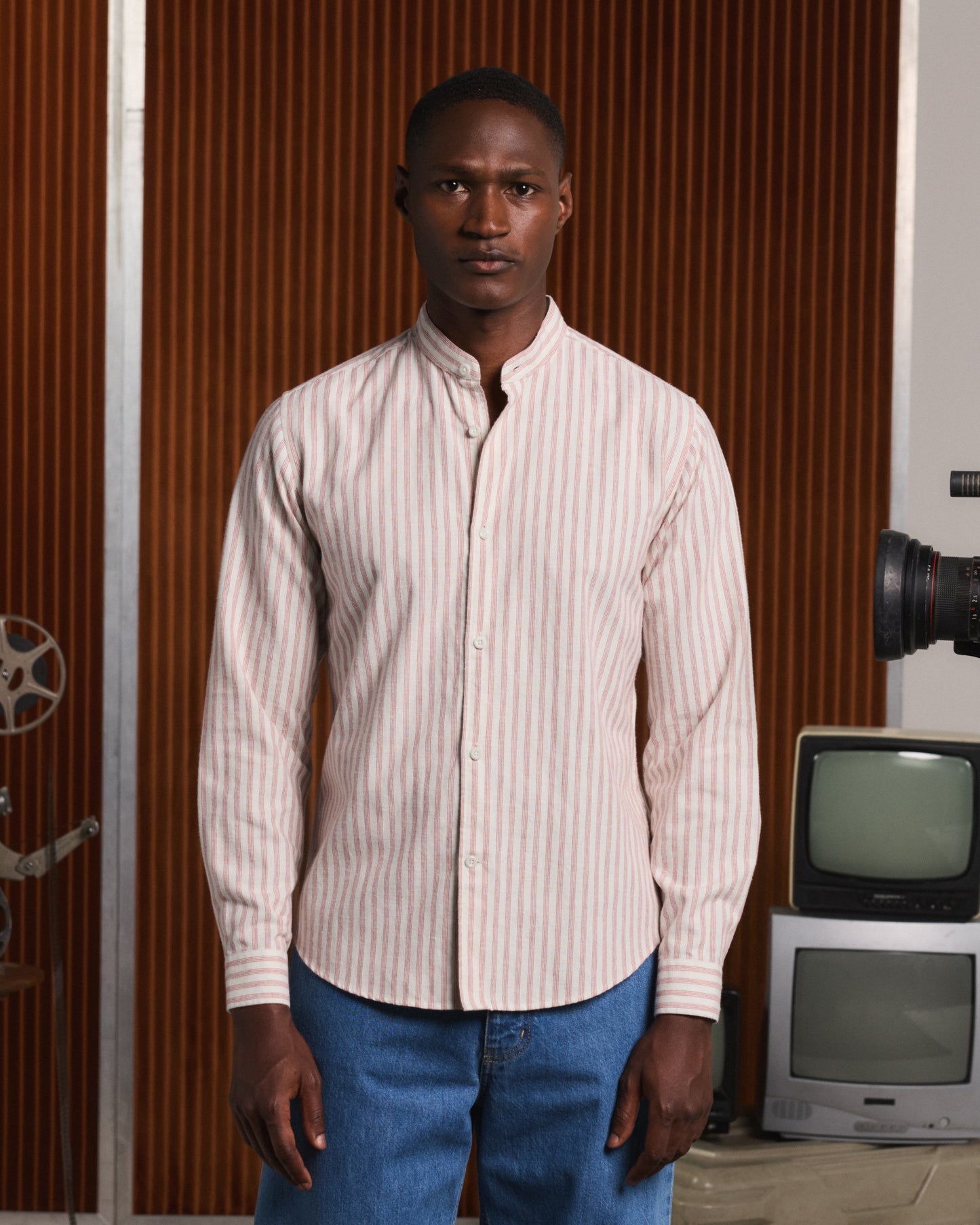Ecru cotton and linen flannel shirt with burgundy stripes