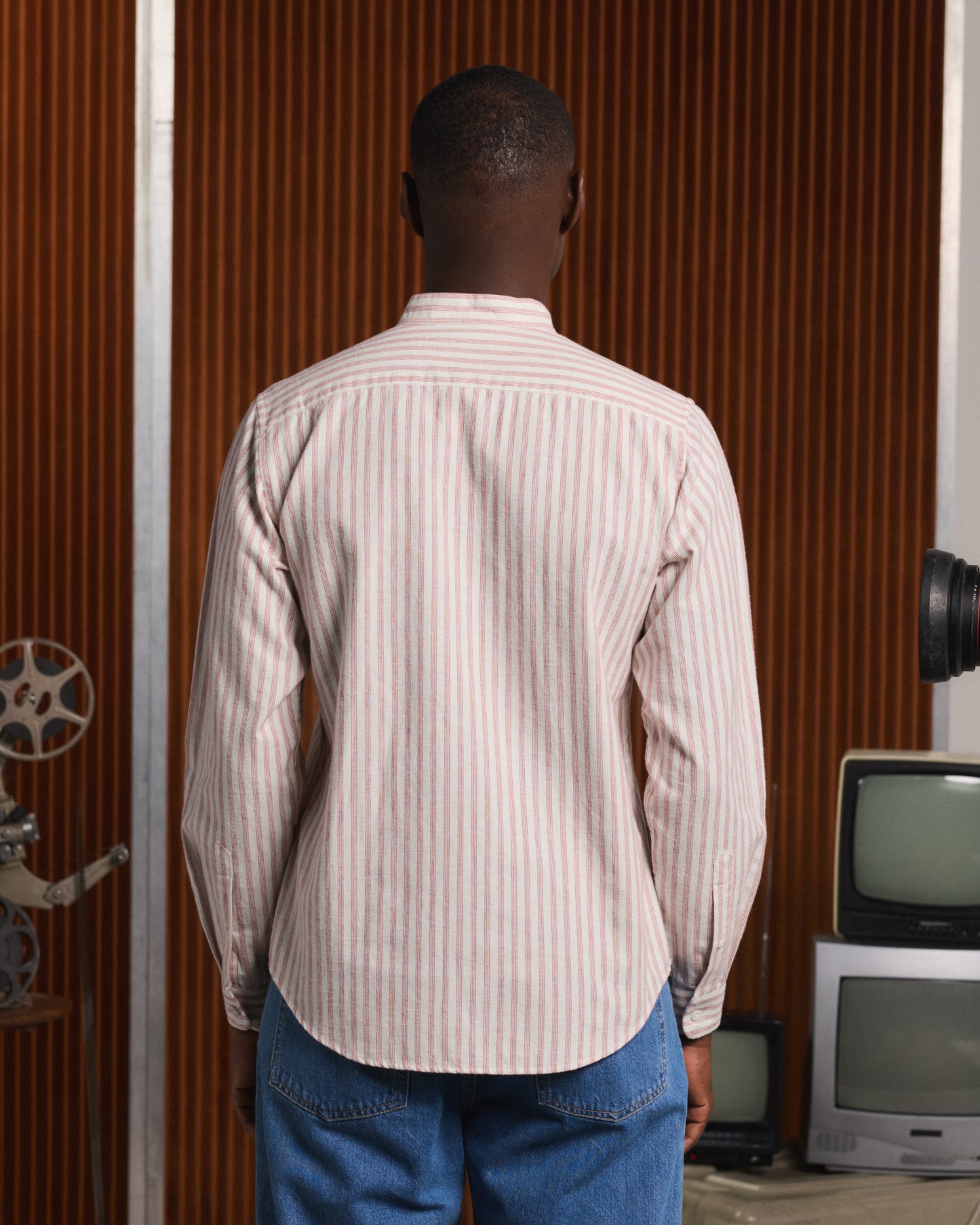 Ecru cotton and linen flannel shirt with burgundy stripes