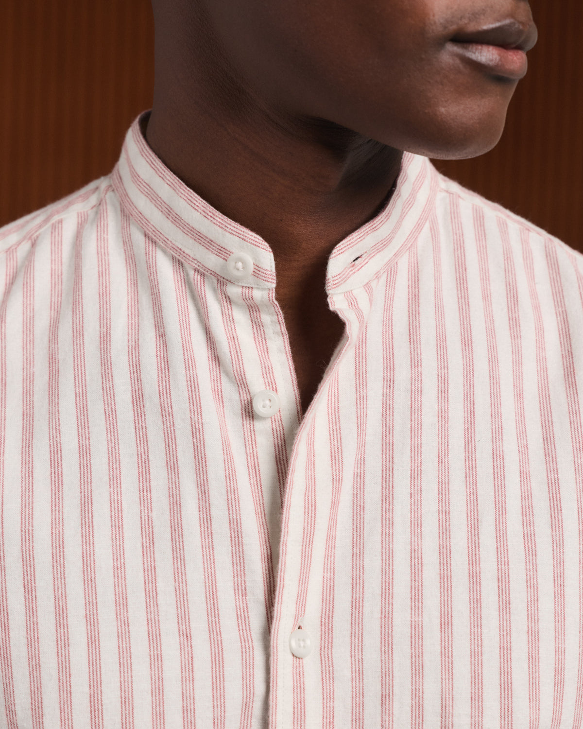 Ecru cotton and linen flannel shirt with burgundy stripes