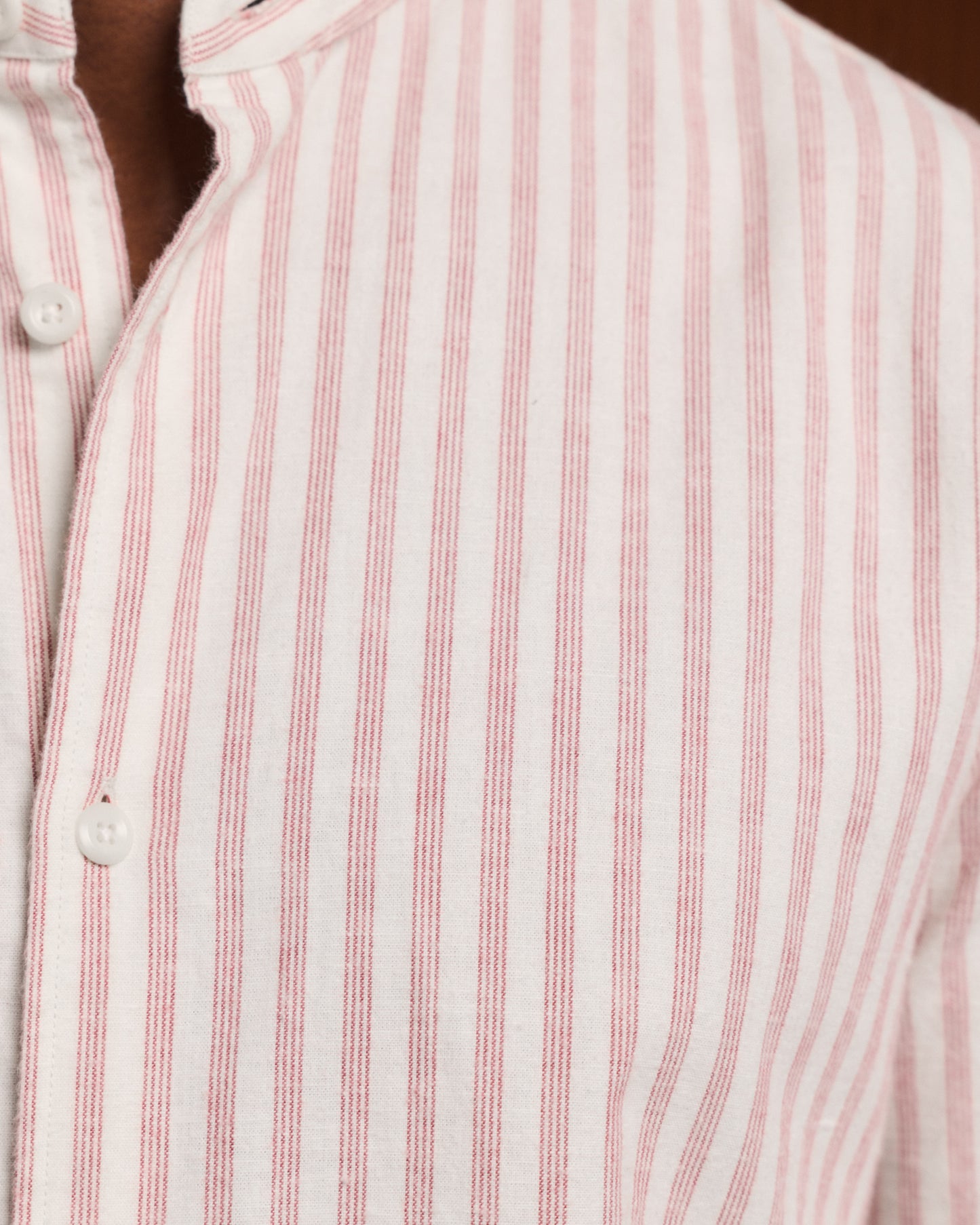 Ecru cotton and linen flannel shirt with burgundy stripes