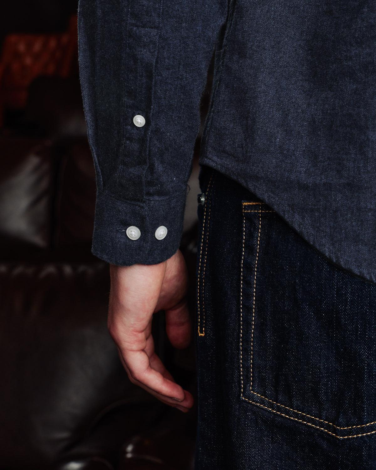 Midnight blue micro-herringbone flannel shirt