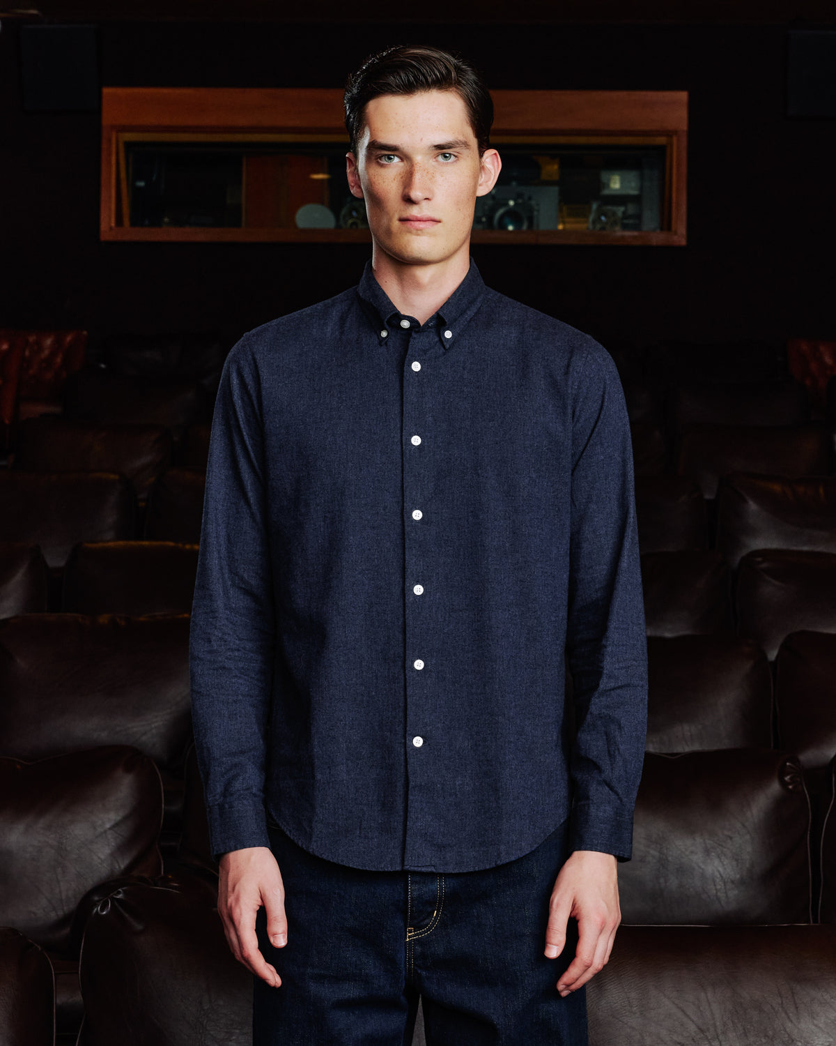 Midnight blue micro-herringbone flannel shirt