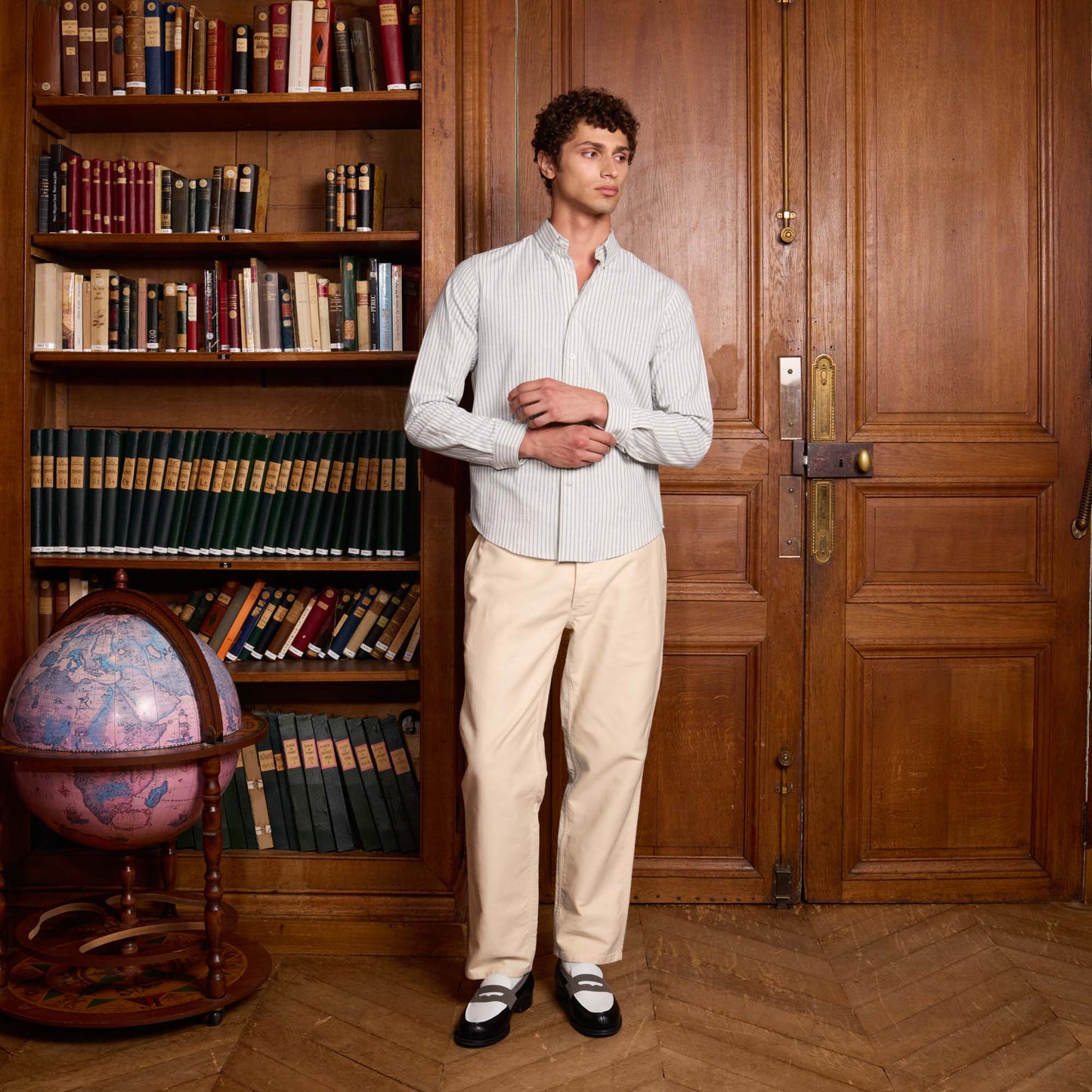 Chemise en flanelle de coton et lin écrue à rayures bleues