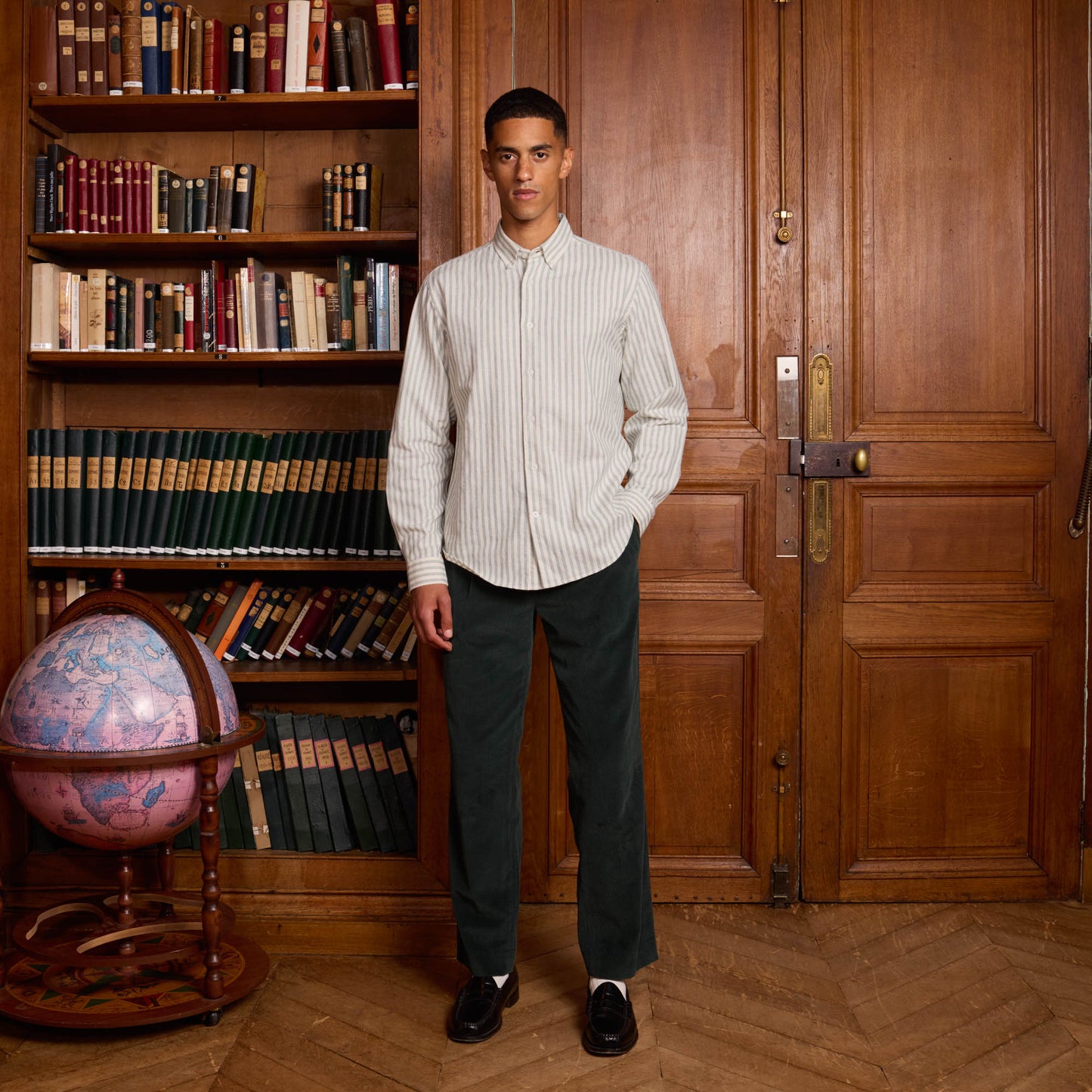 Chemise en flanelle de coton et lin écrue à rayures vertes