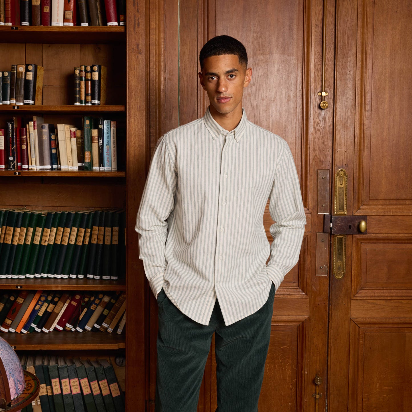 Chemise en flanelle de coton et lin écrue à rayures vertes
