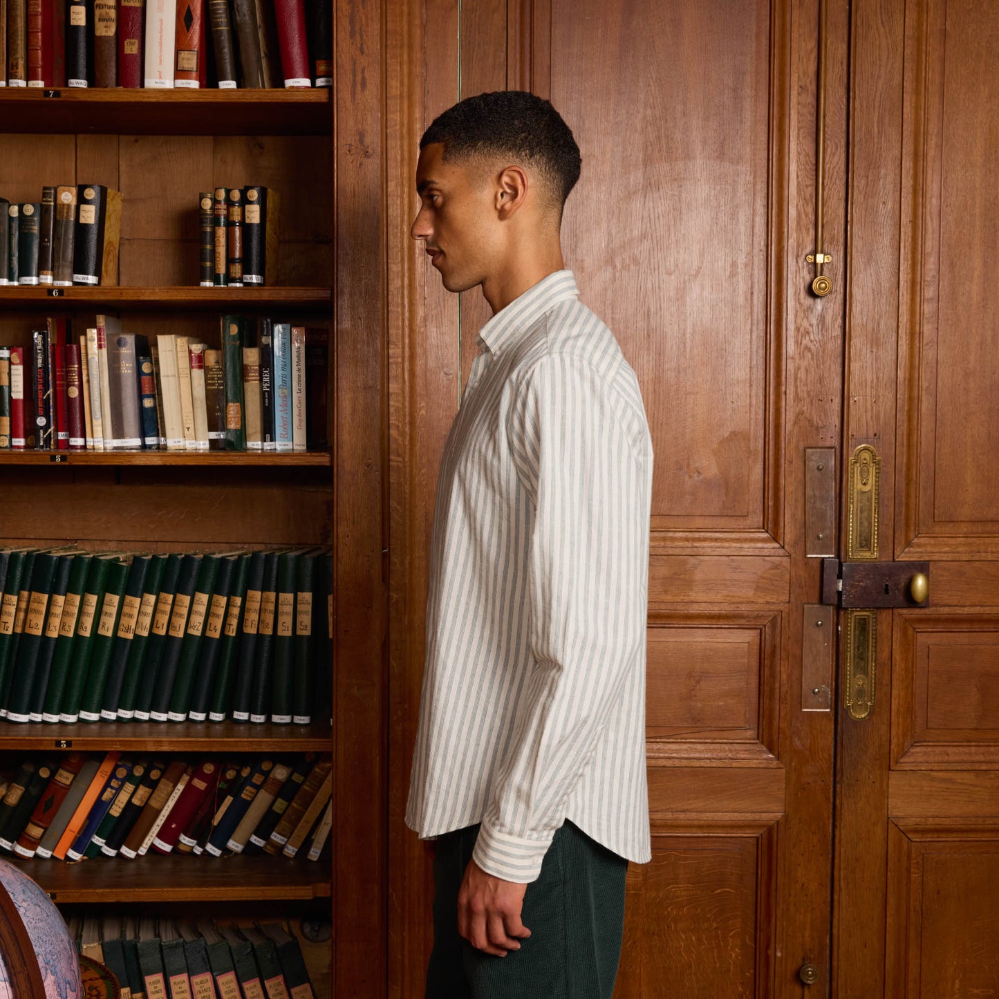 Chemise en flanelle de coton et lin écrue à rayures vertes