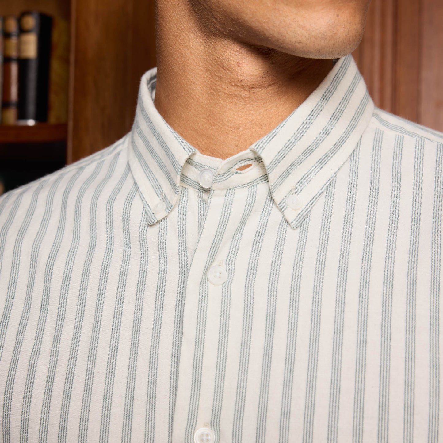 Chemise en flanelle de coton et lin écrue à rayures vertes