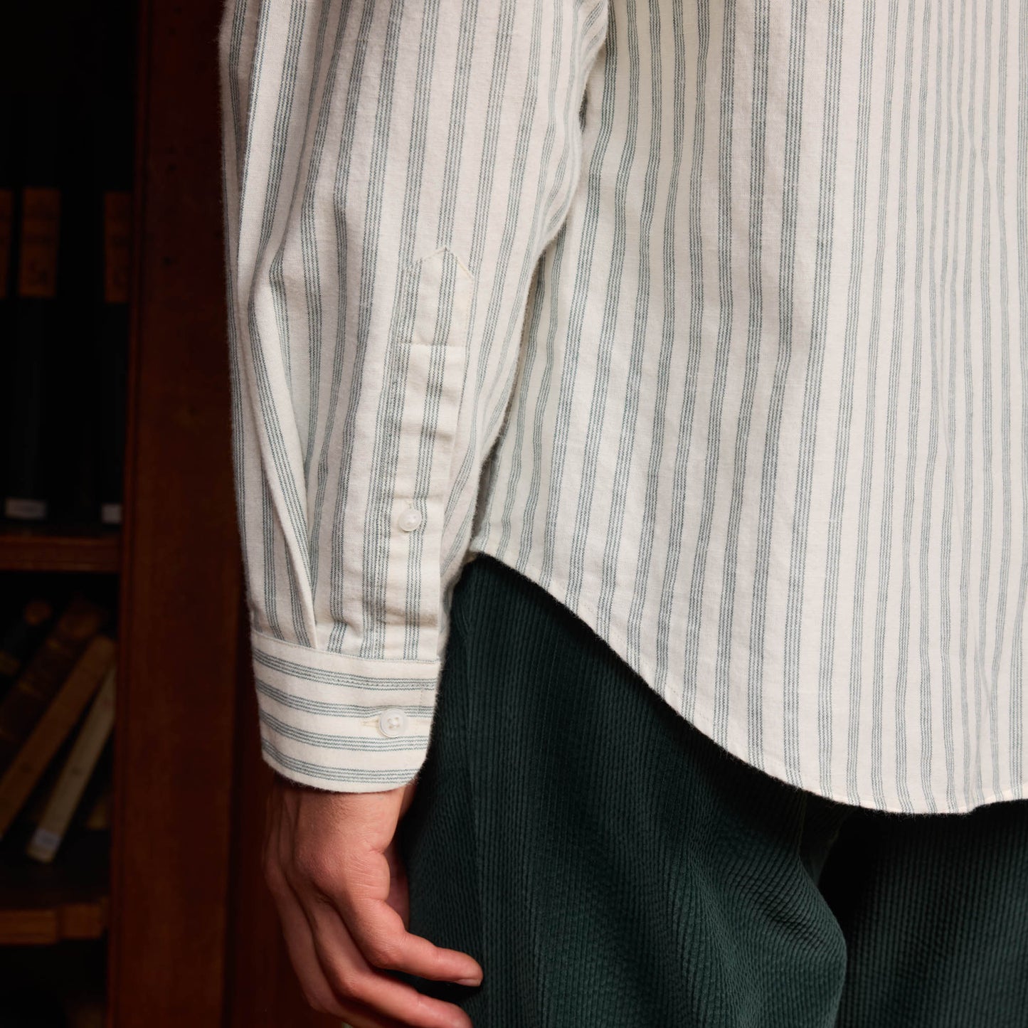 Chemise en flanelle de coton et lin écrue à rayures vertes