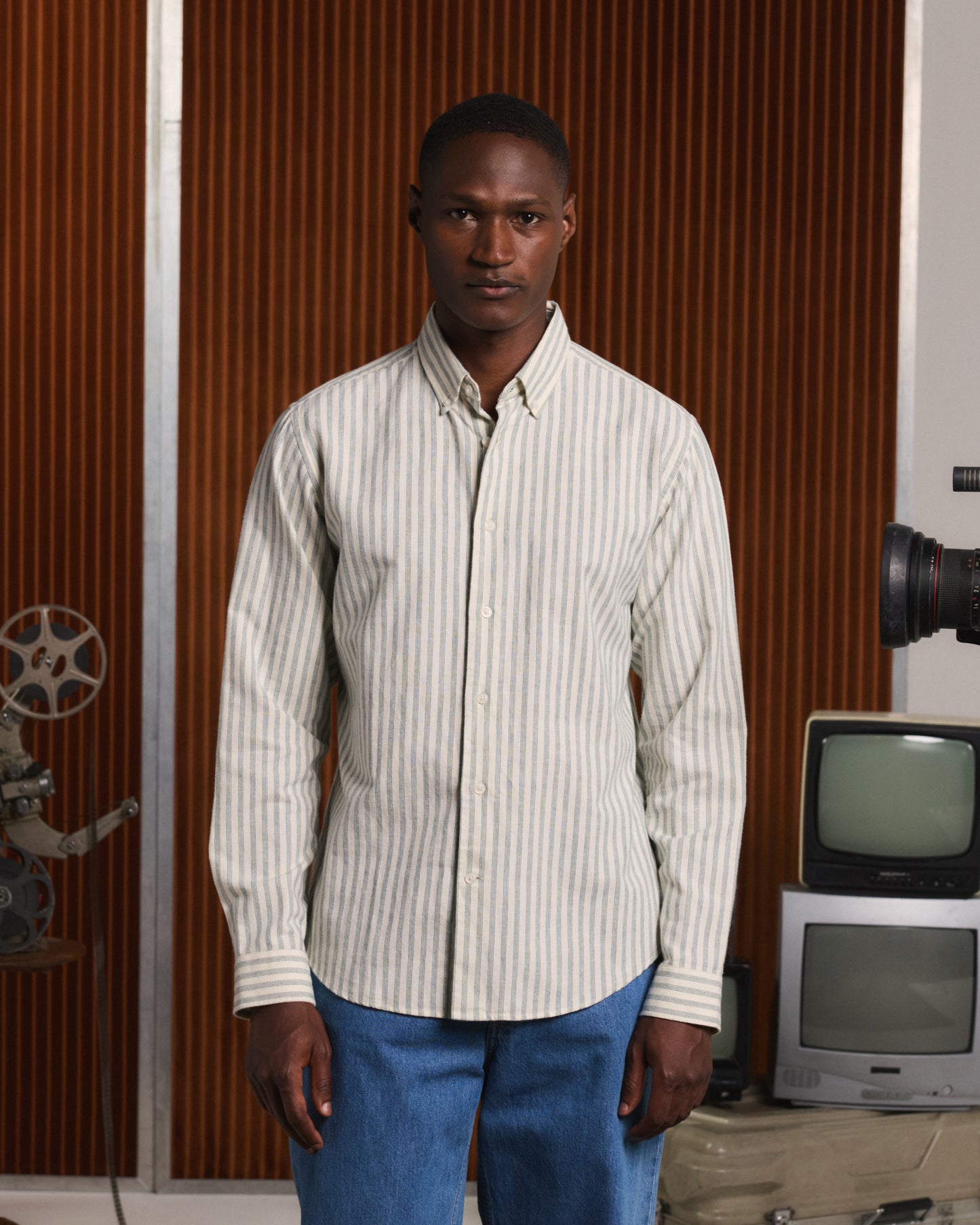 Chemise en flanelle de coton et lin écrue à rayures vertes