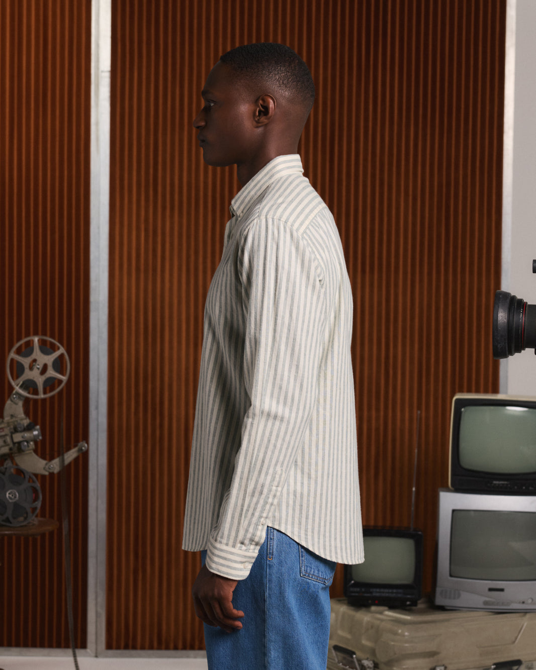 Chemise en flanelle de coton et lin écrue à rayures vertes