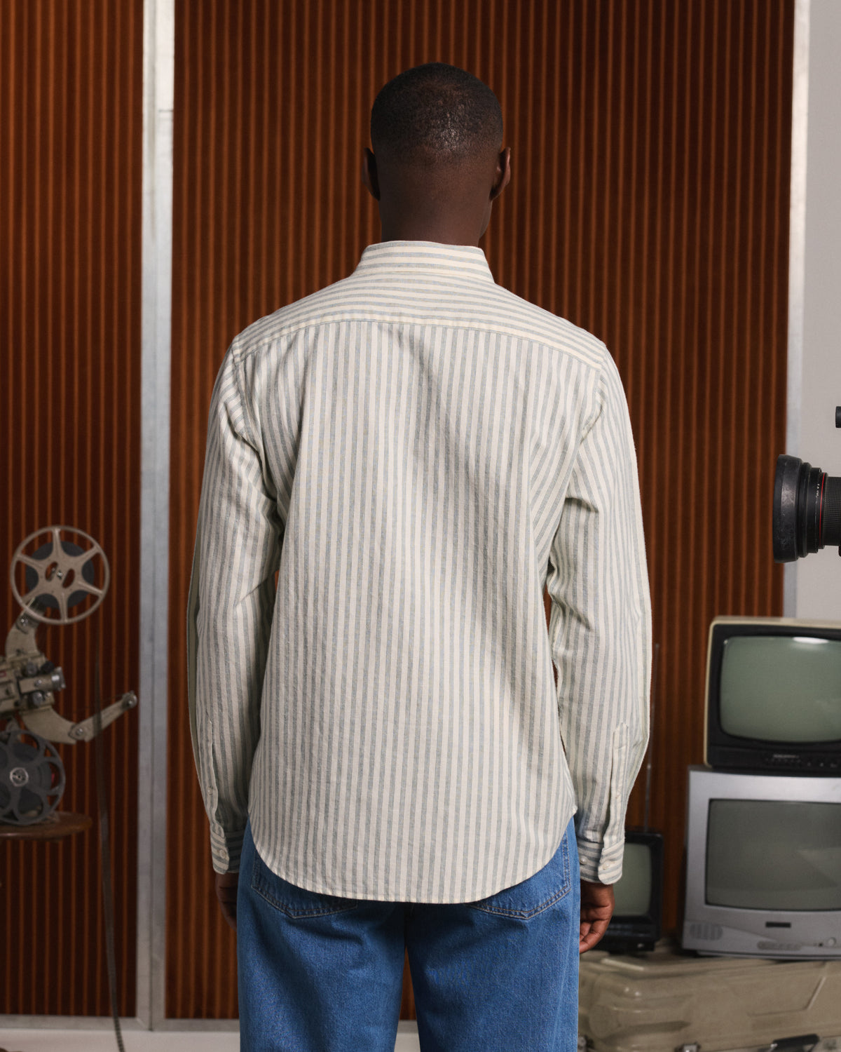 Chemise en flanelle de coton et lin écrue à rayures vertes