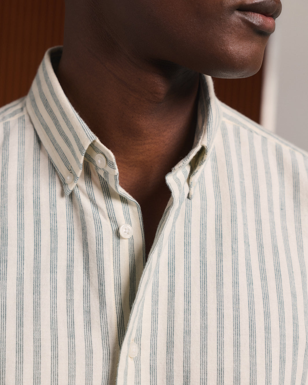 Chemise en flanelle de coton et lin écrue à rayures vertes