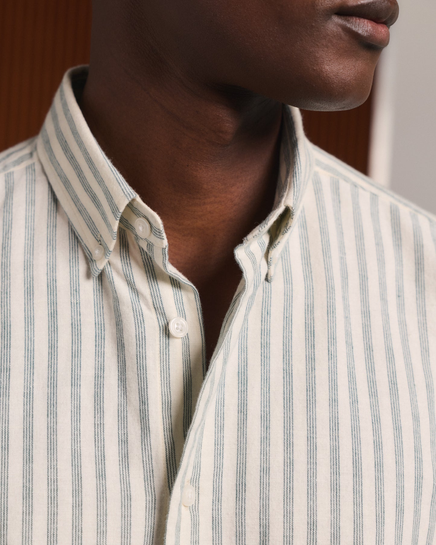 Chemise en flanelle de coton et lin écrue à rayures vertes