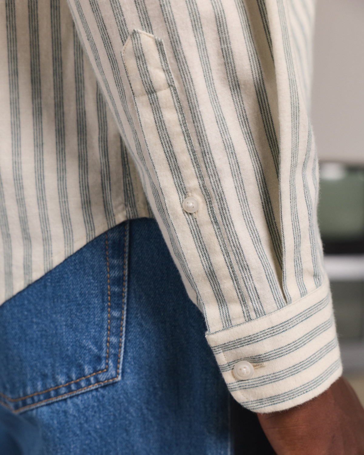 Chemise en flanelle de coton et lin écrue à rayures vertes