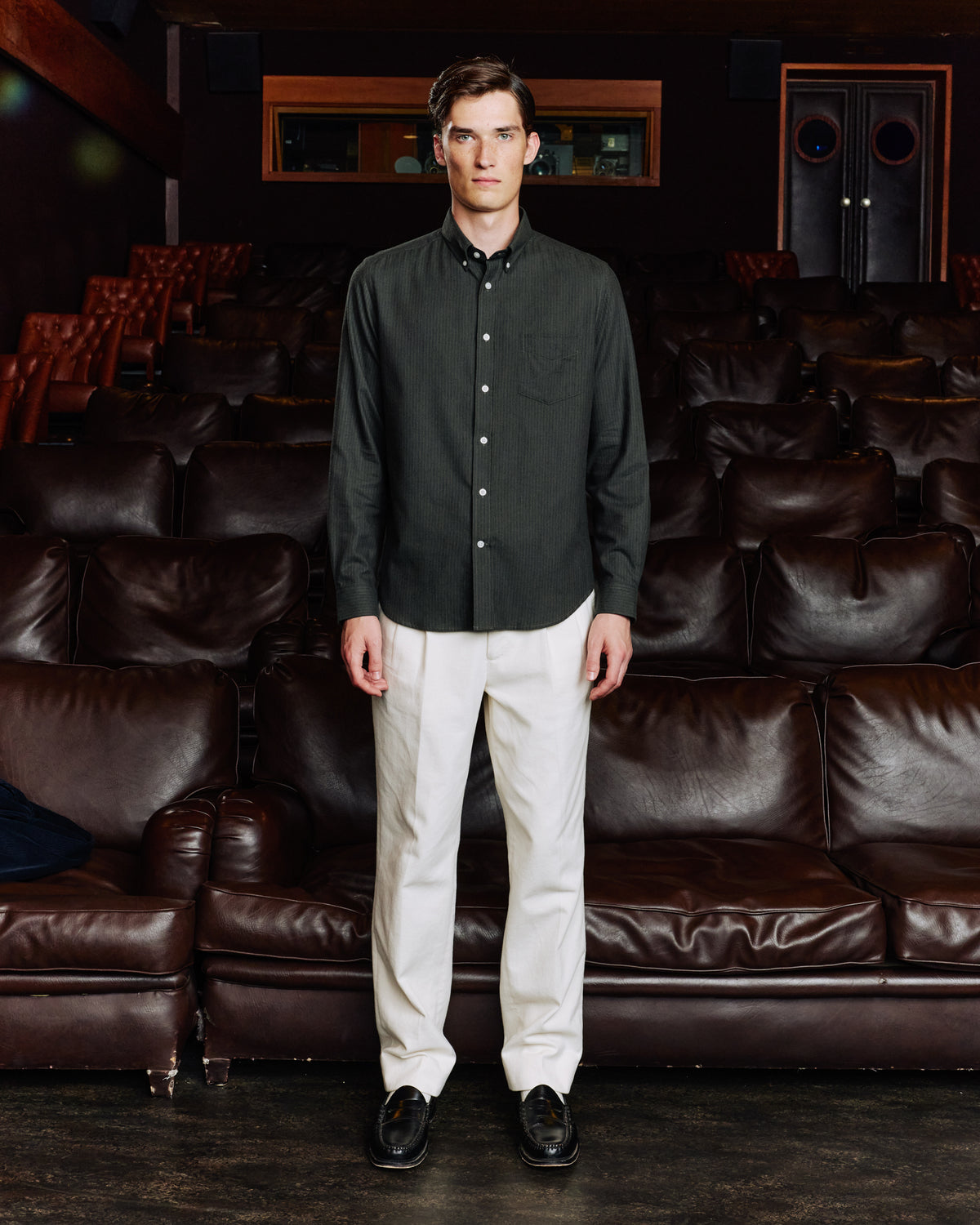 Green striped cotton and wool flannel shirt