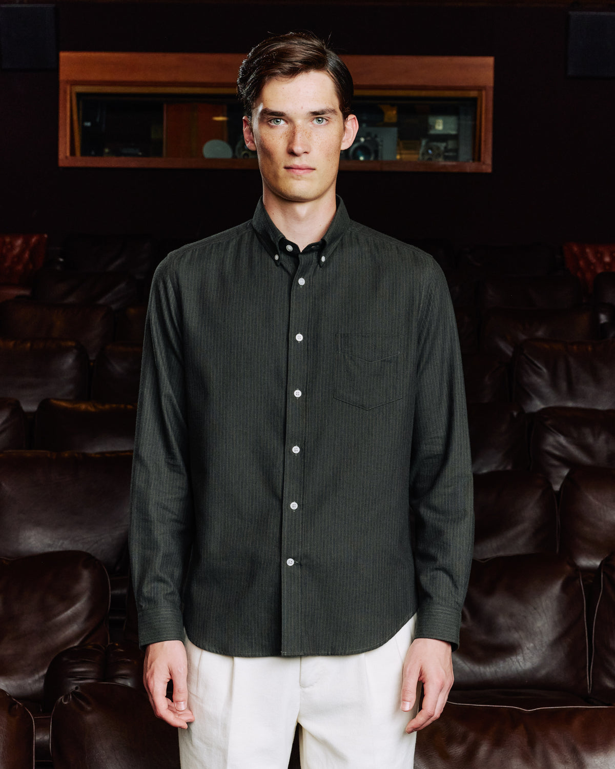 Green striped cotton and wool flannel shirt