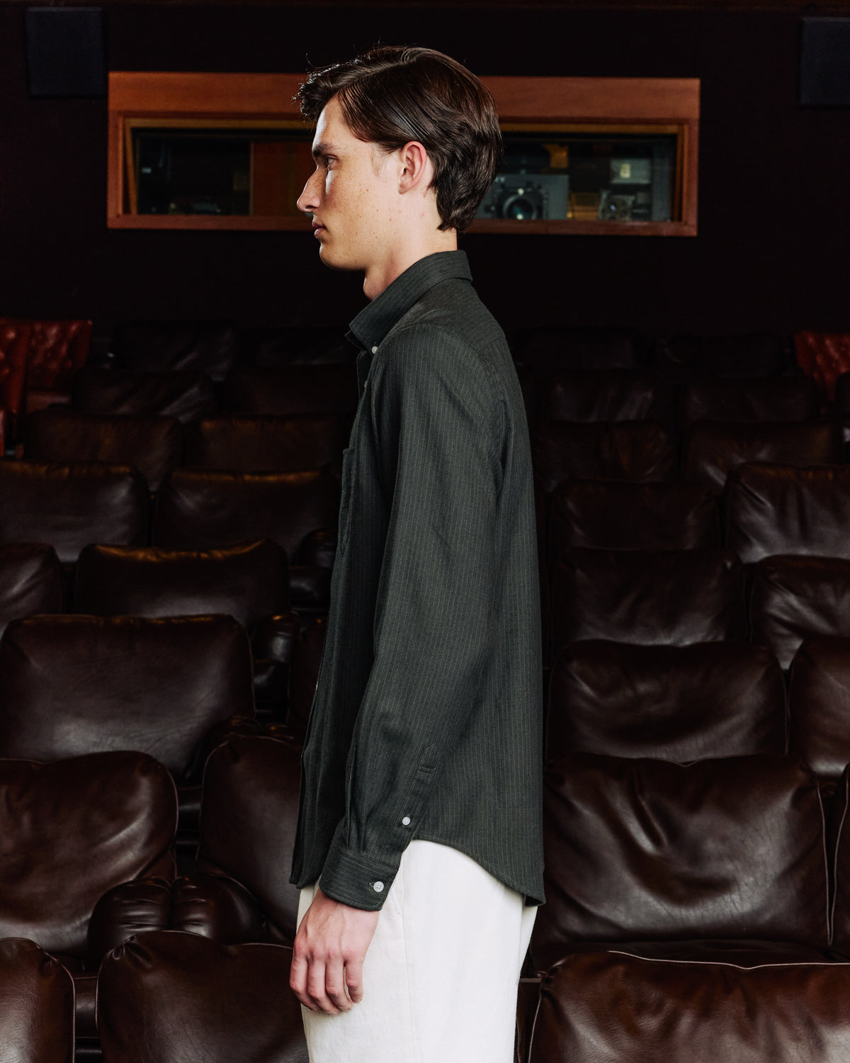 Green striped cotton and wool flannel shirt