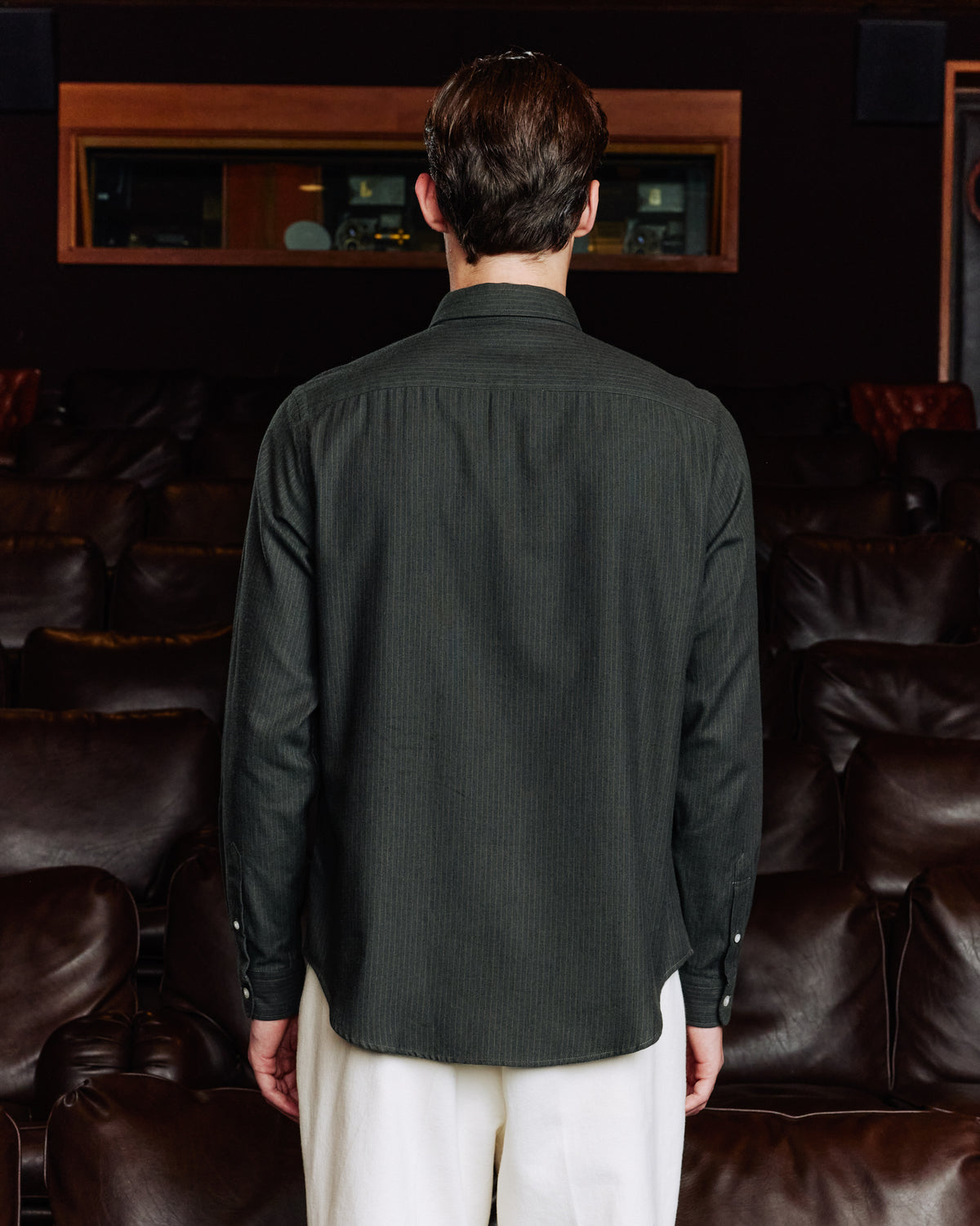 Green striped cotton and wool flannel shirt
