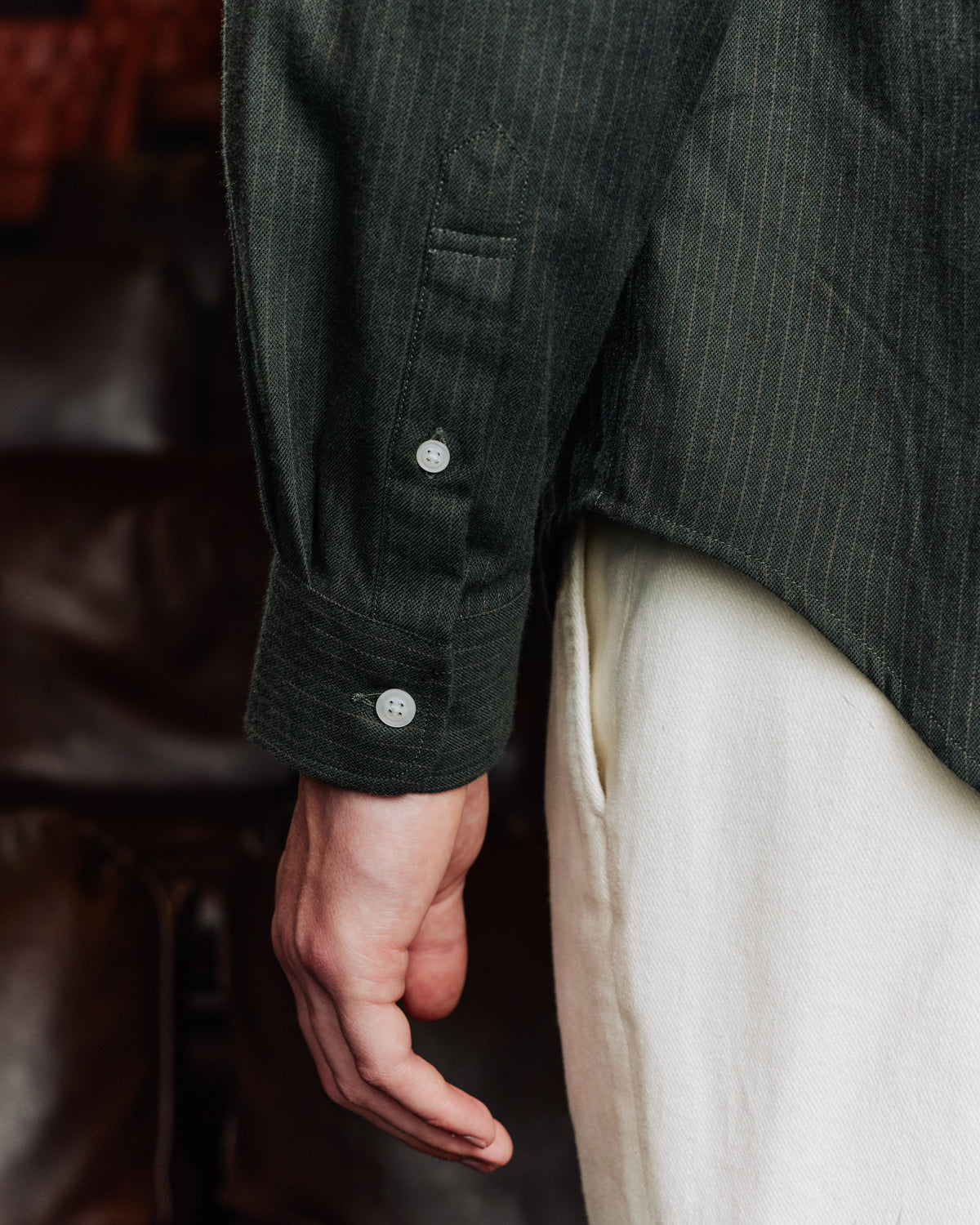 Green striped cotton and wool flannel shirt