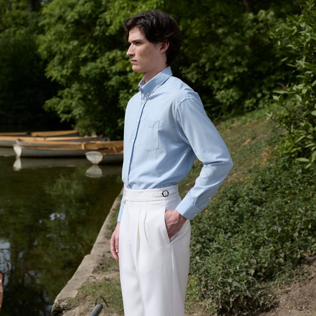 Chemise décontractée bleu en laine à fines rayures
