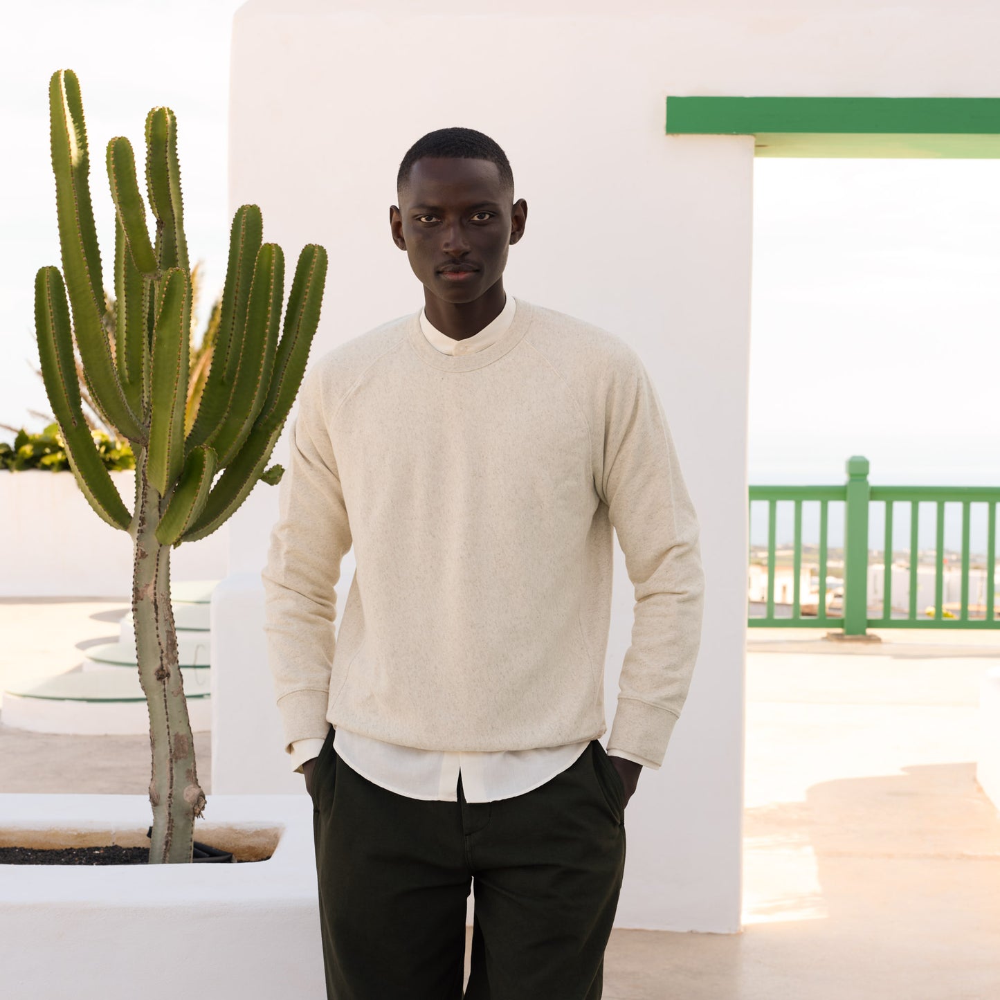 Sweatshirt in organic cotton and mottled ecru linen