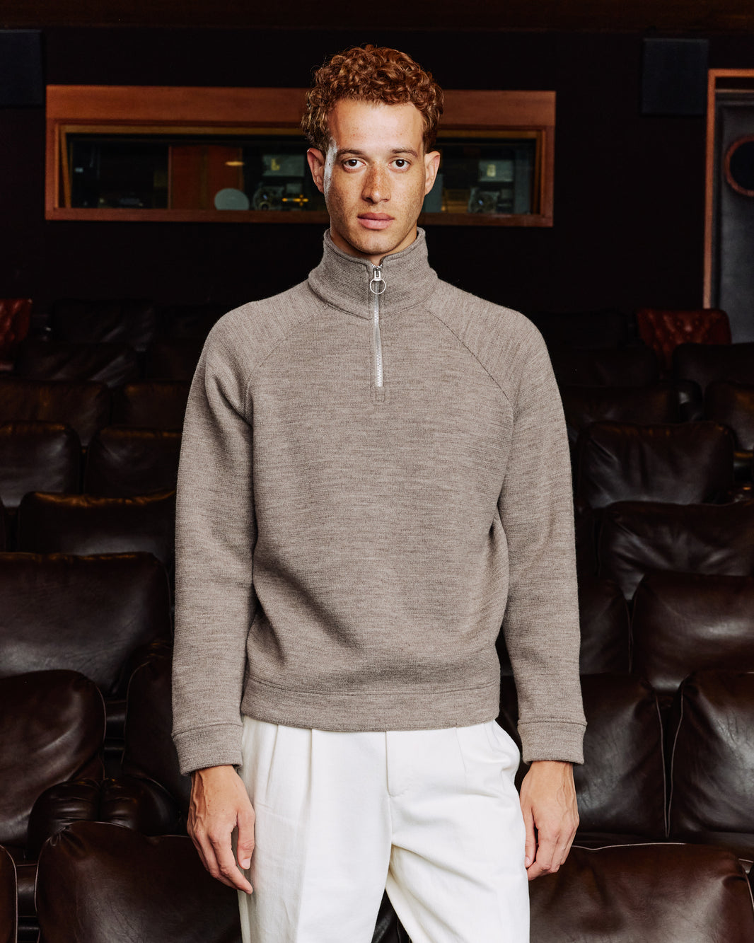 Sweat à col zippé en laine point milano marron