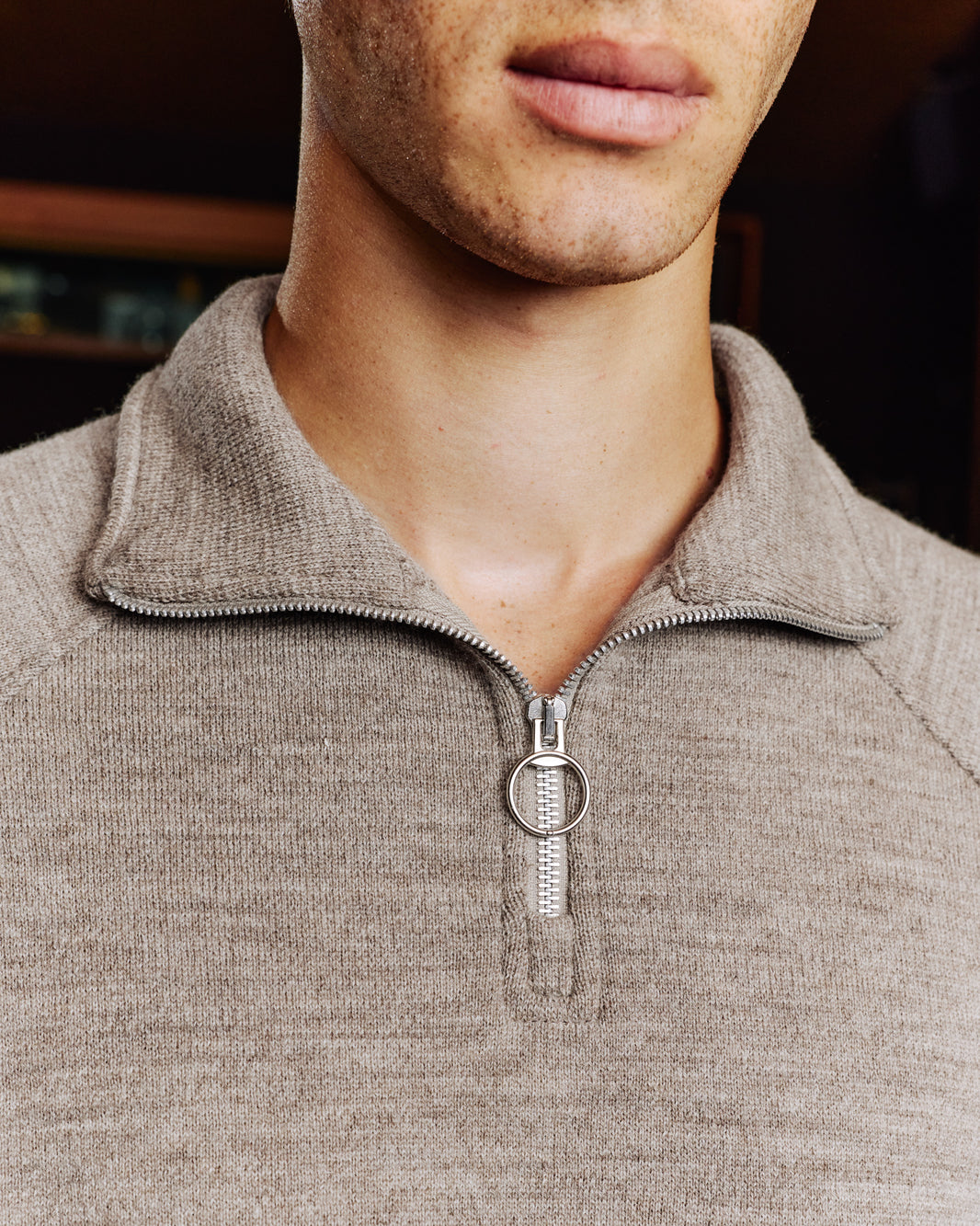 Sweat à col zippé en laine point milano marron